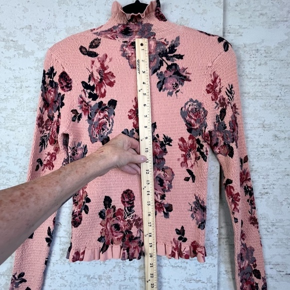 Zara Pink Floral Smocked Top Medium Boho Ruffled Mock Neck and Hem Cottagecore - Picture 10 of 15